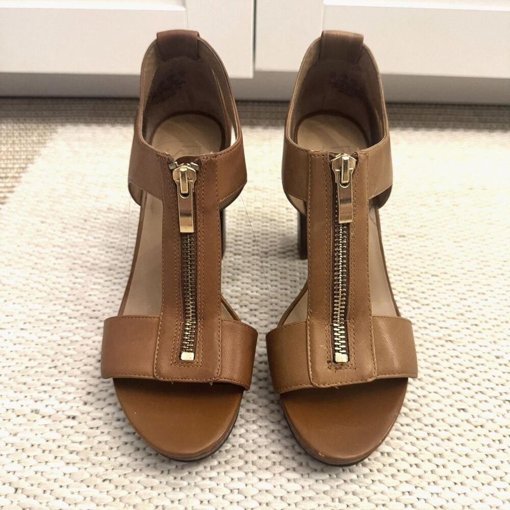 Franco Sarto Myriad Block Heel Sandal Women's 6 Tan Leather Gold Zipper Open Toe